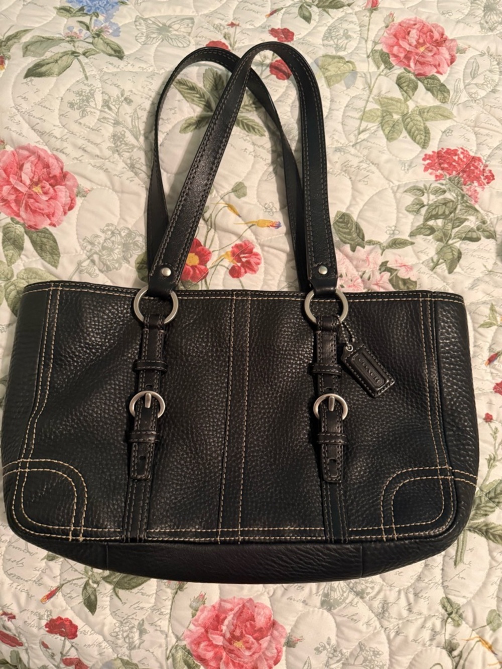 Coach Black Pebbled Leather Shoulder Bag with White Stitching